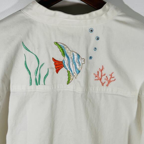 Quacker Factory Jacket Womens 2X Embroidered Tropical Fish Reef Zip Cotton White - Picture 8 of 14